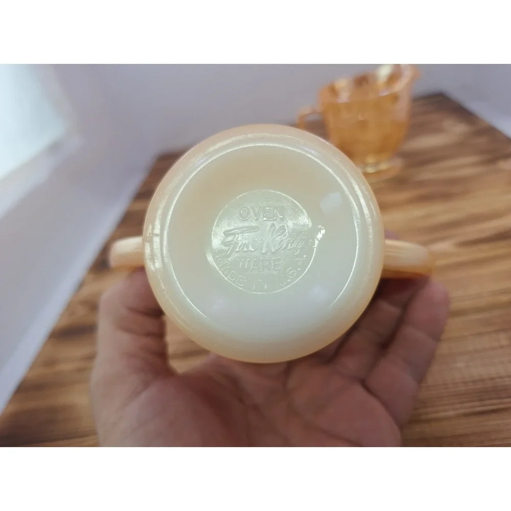 FIRE KING OVEN WARE PEACH LUSTER LAUREL LEAF SUGAR BOWL‎ AND CREAMER